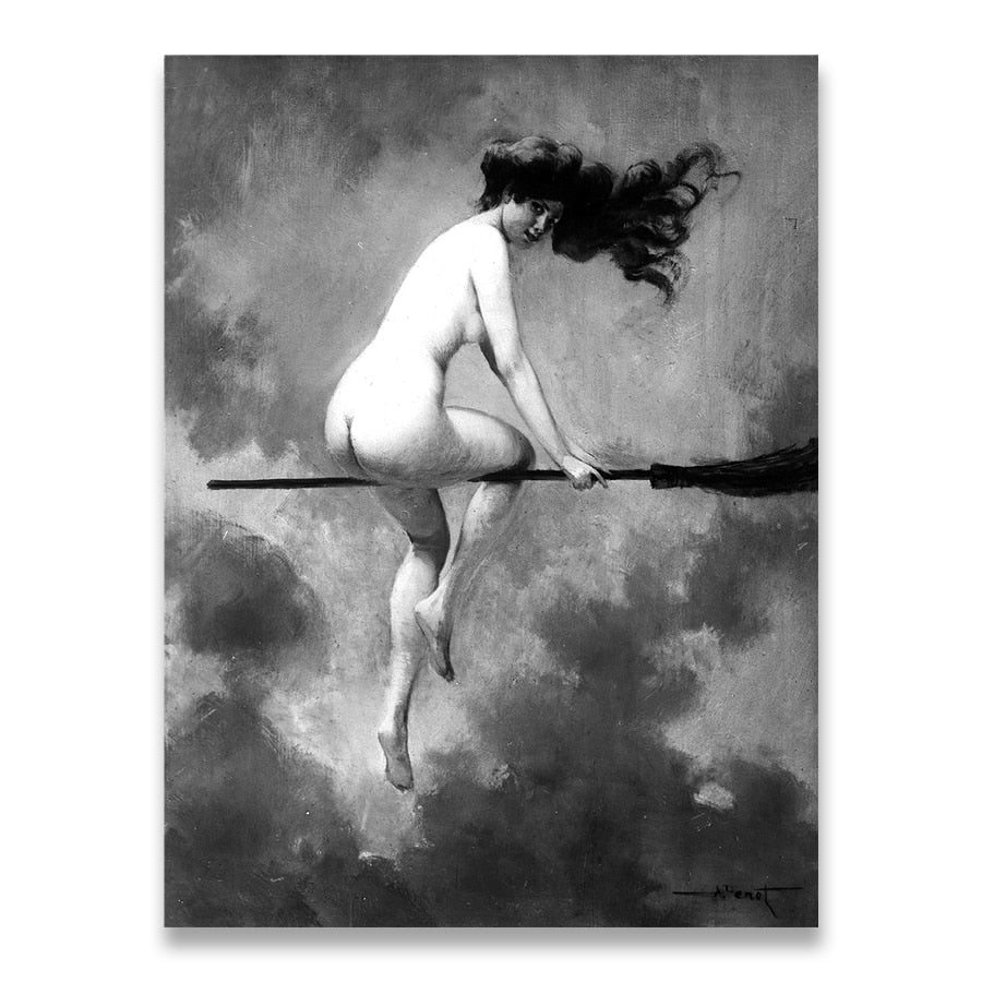 Arthia Designs - Vintage Black White Witch Riding Broomstick Canvas Art - Review