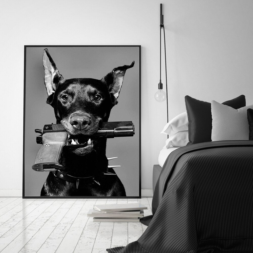 Arthia Designs - Black & White Doberman With Gun Canvas Art - Review