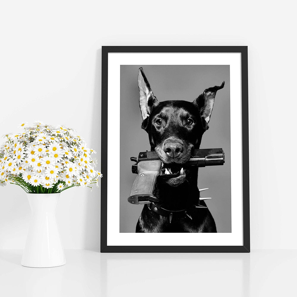 Arthia Designs - Black & White Doberman With Gun Canvas Art - Review