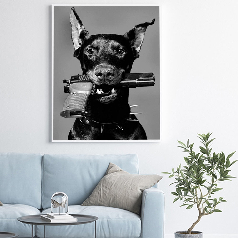 Arthia Designs - Black & White Doberman With Gun Canvas Art - Review