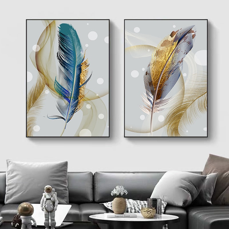 Arthia Designs - Golden Blue Foil Feather Canvas Art - Review