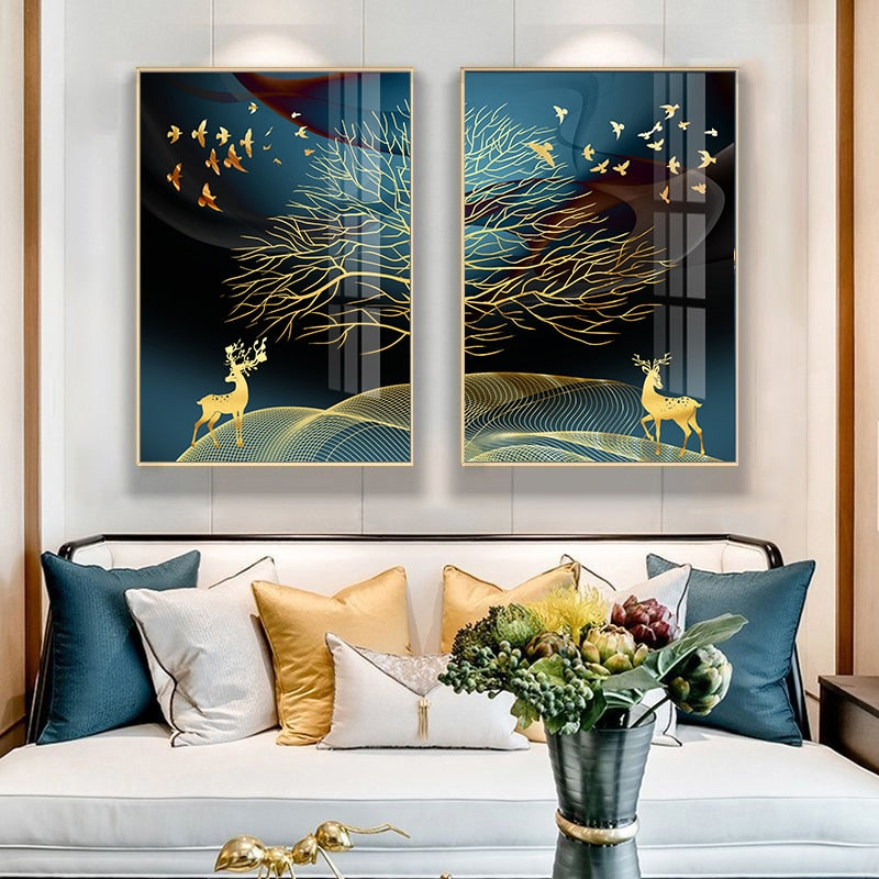 Arthia Designs - Golden Tree Deer Bird Nature Canvas Art - Review