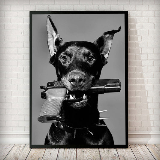 Arthia Designs - Black & White Doberman With Gun Canvas Art - Review