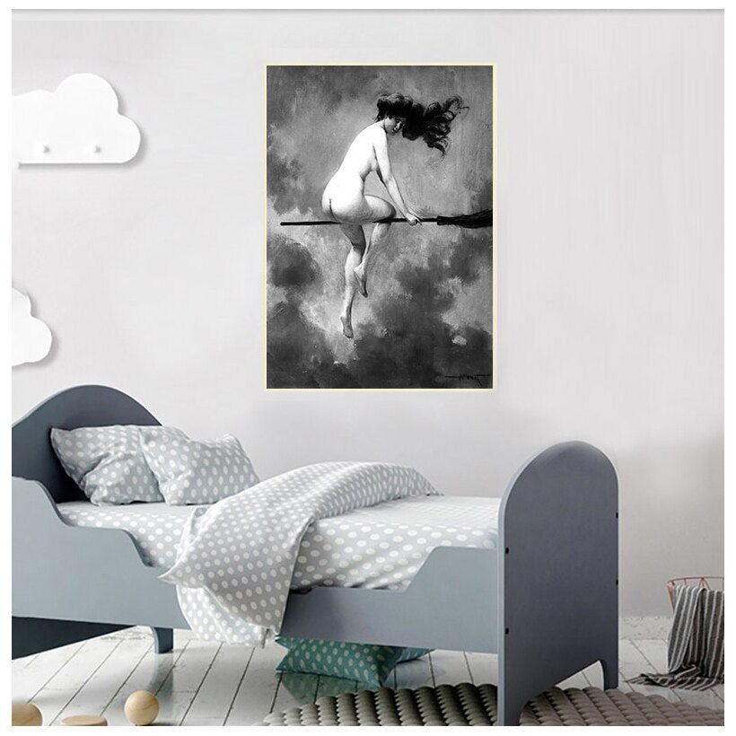 Arthia Designs - Vintage Black White Witch Riding Broomstick Canvas Art - Review