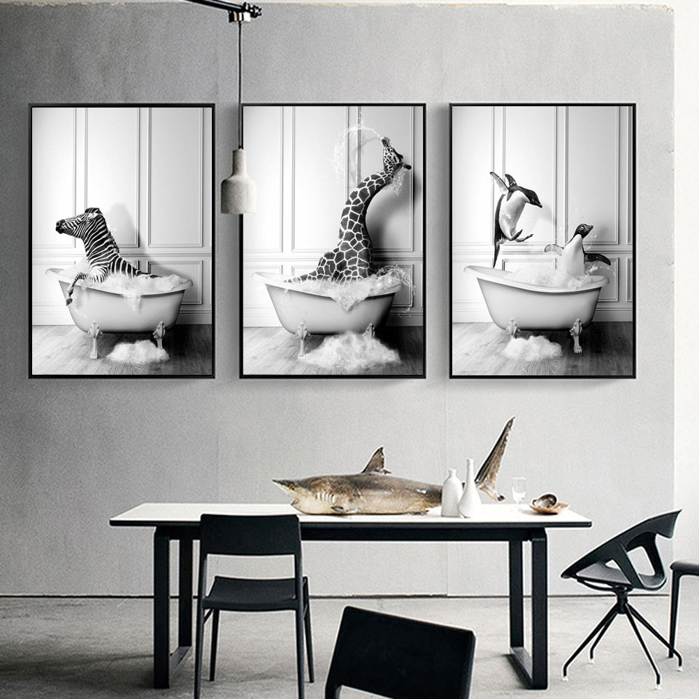 Arthia Designs - Black White Playful Bathroom Animal Canvas Art - Review