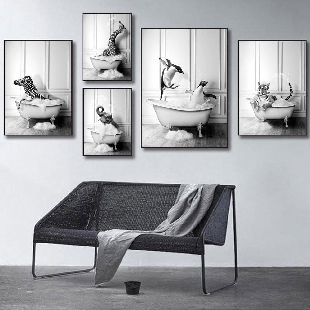 Arthia Designs - Black White Playful Bathroom Animal Canvas Art - Review