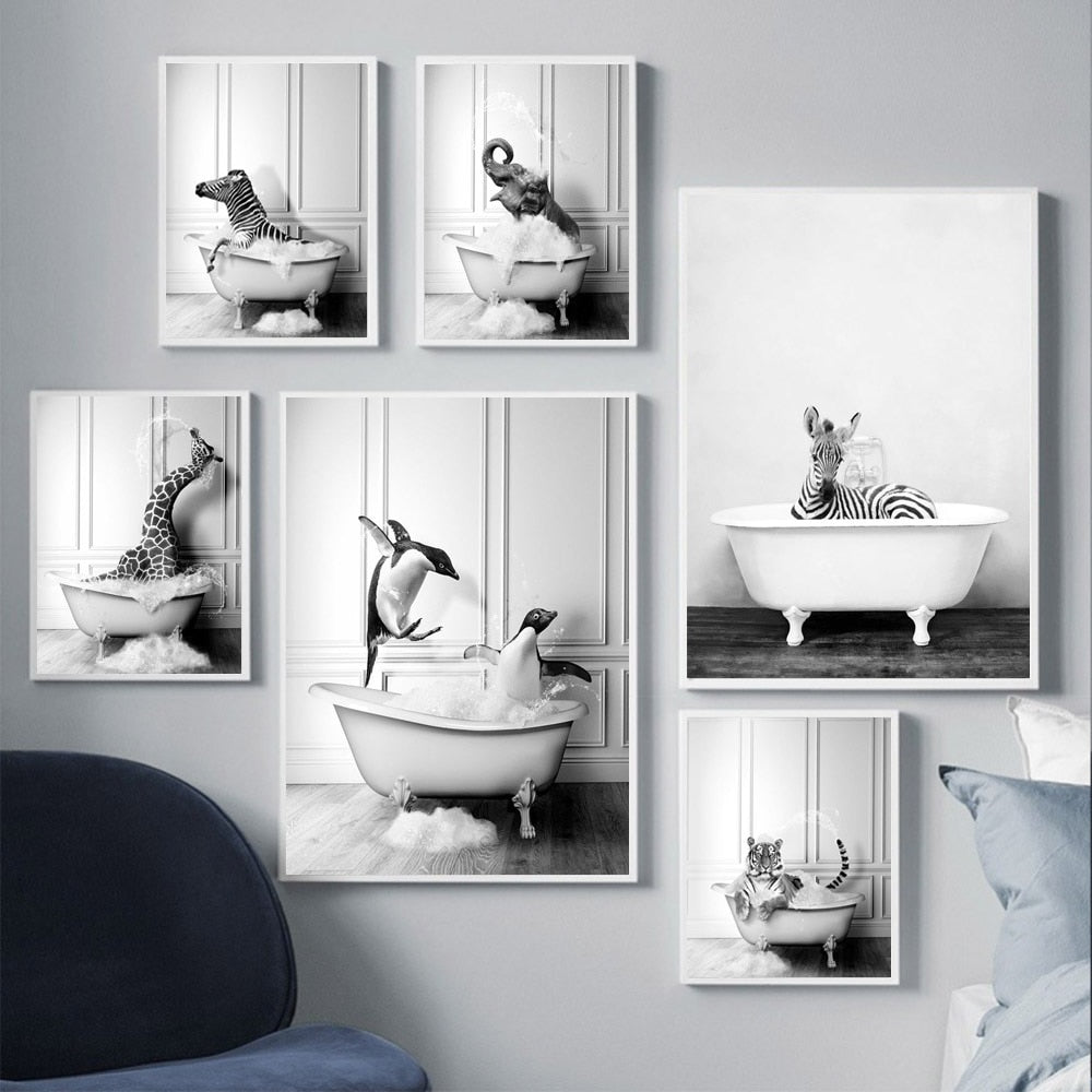 Arthia Designs - Black White Playful Bathroom Animal Canvas Art - Review